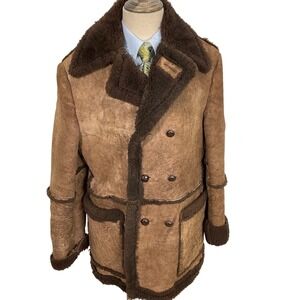 Vintage Bonds Coat Mens 46 Brown‎ Shearling Leather Double Breasted Distressed